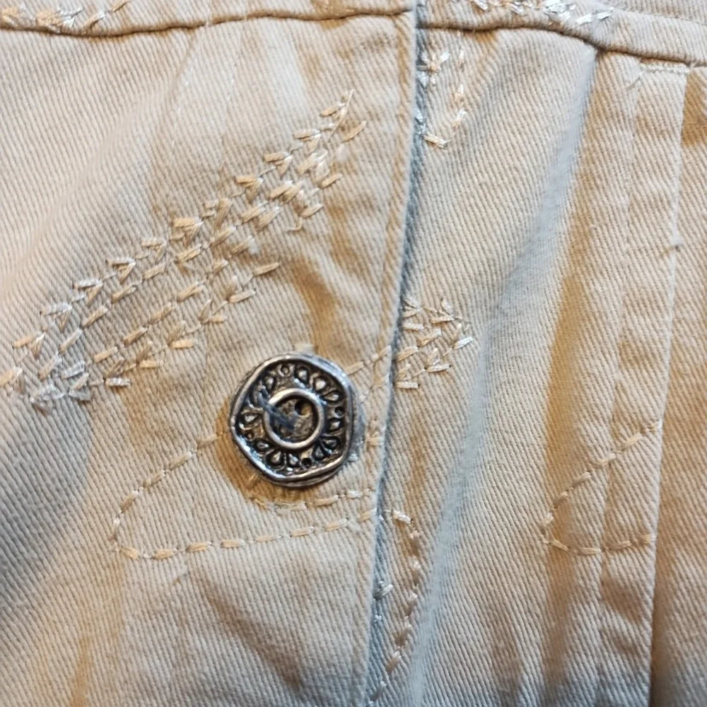 Studio Works Tan Cotton Embroidered Leaf Trucker‎ Jacket Beige Womens 8 Cottage